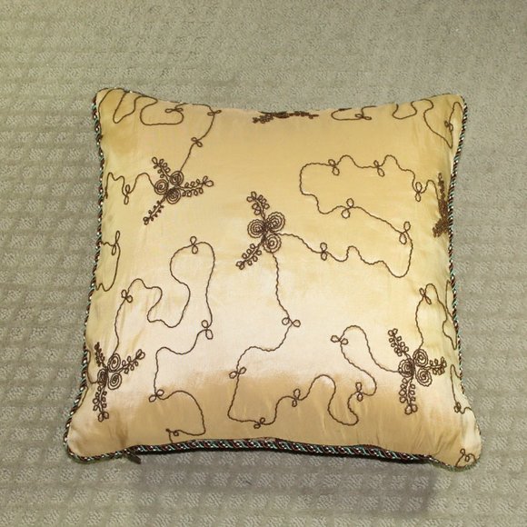 Pier 1 Decorative Square Brown Teal Floral Velour Embroidered Satin Throw Pillow - Picture 2 of 5